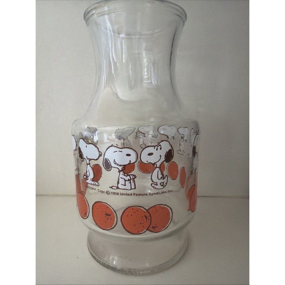 Vintage Peanuts Snoopy Orange Juice Glass Carafe Pitcher Jar 1958 Schulz